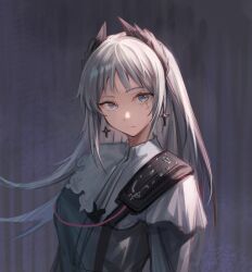 Rule 34 | 1girl, arknights, capelet, commentary, dress, earrings, feather hair, grey background, grey dress, grey eyes, grey hair, highres, irene (arknights), jewelry, li2 su2, light frown, long hair, looking at viewer, scar, scar across eye, shoulder strap, sidelocks, simple background, solo, upper body, white capelet