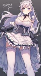 Rule 34 | 1girl, apron, azur lane, belfast (azur lane), black background, blue eyes, blush, braid, breasts, chain, character name, chromatic aberration, cleavage, closed mouth, clothes lift, collarbone, frilled apron, frills, half updo, highres, large breasts, legs apart, long hair, looking at viewer, maid, maid headdress, silver hair, simple background, smile, solo, standing, thighhighs, tomari (veryberry00), twitter username, underbust, white thighhighs, zettai ryouiki