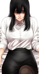 Rule 34 | 1girl, black hair, black skirt, blouse, breasts, brown pantyhose, closed mouth, collared shirt, grey eyes, highres, hoshi san 3, large breasts, long sleeves, looking at viewer, miniskirt, mole, mole under eye, mole under mouth, office lady, original, pantyhose, pencil skirt, reclining, sanpaku, shirt, simple background, sitting, skirt, solo, sweat, white background, white shirt, wing collar