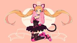 Rule 34 | 1girl, :q, animal ear headphones, animal ears, animal hands, black thighhighs, blonde hair, blue eyes, breasts, cat ear headphones, cat ears, cat tail, character name, choker, cleavage, fake animal ears, gloves, headphones, jumping, knee pads, legs together, long hair, lucky chloe, mommorua, namco, paw gloves, solo, tail, tekken, tekken 7, thighhighs, tongue, tongue out, twintails, very long hair
