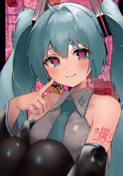 Rule 34 | 1girl, :3, green eyes, green hair, green necktie, hair intakes, hatsune miku, headgear, heart, heart-shaped pupils, highres, looking at viewer, nail, necktie, sleeveless, smile, solo, symbol-shaped pupils, tananuki, tattoo, twintails, vocaloid