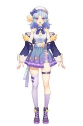 Rule 34 | :d, absurdres, akayilan, animal ears, ankle boots, bare shoulders, beamed sixteenth notes, belt, belt chain, beret, blue bow, blue bowtie, blue hair, blue jacket, blue skirt, boots, bow, bowtie, collar, cropped jacket, cross-laced footwear, full body, fur-trimmed jacket, fur trim, gradient hair, gradient skirt, hat, hat bow, highres, horns, indie virtual youtuber, jacket, kneehighs, lace-up boots, leg belt, light blue hair, looking at viewer, medium hair, multicolored hair, musical note, official art, open clothes, open jacket, open mouth, parted bangs, pelvic curtain, purple eyes, purple footwear, purple hair, purple skirt, purple socks, purple thighhighs, single horn, single kneehigh, single sock, single thighhigh, skirt, smile, socks, standing, star (symbol), star ornament, star print, tank top, thighhighs, transparent background, unicorn girl, virtual youtuber, white collar, white hat, white tank top, wing ornament, yellow bow, zipper, zipper pull tab, zong tingzi