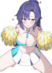 Rule 34 | 1girl, barefoot, blue archive, blue eyes, blue hair, blush, breasts, cheerleader, cleavage, heart, highres, large breasts, looking at viewer, open mouth, pleated skirt, pom pom (cheerleading), simple background, skirt, solo, squatting, star (symbol), tsubaki 0317, white background, yuuka (blue archive)