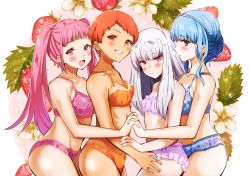 Rule 34 | 4girls, :d, absurdres, bare arms, bare shoulders, blue bra, blue hair, blue panties, blunt bangs, blush, bra, braid, breasts, brown eyes, cleavage, closed mouth, collarbone, commentary request, cowboy shot, crown braid, female focus, fire emblem, fire emblem: three houses, flower, food, frilled bra, frilled panties, frills, fruit, grin, highres, hilda valentine goneril, holding hands, huge filesize, interlocked fingers, leaf, leonie pinelli, lingerie, long hair, looking at viewer, lysithea von ordelia, marianne von edmund, matching hair/eyes, medium breasts, multiple girls, nintendo, open mouth, orange bra, orange eyes, orange hair, orange panties, oroshipon zu, panties, pink background, pink bra, pink eyes, pink hair, profile, short hair, sidelocks, silver hair, small breasts, smile, strawberry, twintails, underwear, underwear only, very long hair, white bra, white flower, white panties