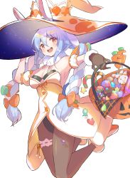 Rule 34 | 1girl, absurdres, alternate color, animal ear fluff, animal ears, armpits, bare shoulders, black leotard, black pantyhose, blue hair, bow, braid, breasts, bridal garter, candy, candy cane, carrot, carrot hair ornament, cleavage, coat, commentary request, don-chan (usada pekora), ears through headwear, food, food-themed hair ornament, full body, fur-trimmed coat, fur-trimmed gloves, fur trim, furuki ayaginutaira, gloves, hair between eyes, hair bow, hair ornament, halloween, halloween bucket, hat, heart, highres, holding, hololive, jumping, leotard, lollipop, long hair, looking at viewer, low-tied long hair, medium breasts, multicolored hair, open mouth, orange bow, orange eyes, pantyhose, pom pom (clothes), print headwear, rabbit ears, ribbon-trimmed garter, short eyebrows, sidelocks, simple background, smile, solo focus, sparkle, striped, symbol in eye, thick eyebrows, twin braids, two-tone hair, usada pekora, usada pekora (1st costume), virtual youtuber, white background, white coat, white footwear, white hair, witch hat