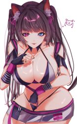 Rule 34 | 1girl, animal ears, bare shoulders, bikini, black bikini, black gloves, blue eyes, breasts, brown hair, cat ears, cat girl, cat tail, clenched hands, fingerless gloves, gloves, goddess of victory: nikke, hair ornament, hair ribbon, hat iue, heterochromia, highres, large breasts, light blush, long hair, lying, nero (nikke), on side, pink eyes, ribbon, skirt, string bikini, swimsuit, tail, thighhighs, tongue, tongue out, twintails