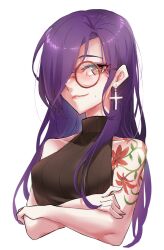 Rule 34 | 1girl, 9900 mai (vtuber), arm tattoo, bidortw, breasts, chinese commentary, commentary request, cropped torso, cross, cross earrings, crossed arms, earrings, flower tattoo, glasses, hair over one eye, highres, indie virtual youtuber, jewelry, long hair, medium breasts, mole beside mouth, multiple moles, red-framed eyewear, red eyes, ribbed shirt, round eyewear, shirt, shoulder tattoo, single earring, sleeveless, sleeveless shirt, sleeveless turtleneck, smile, solo, tattoo, turtleneck, upper body, virtual youtuber