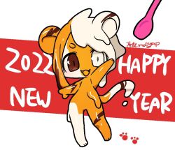 Rule 34 | 2022, :3, :d, akira (meltyhip), animal ears, brown eyes, chinese zodiac, completely nude, dated, fangs, hand up, happy new year, heterochromia, ice cream spoon, looking at viewer, mini person, minigirl, monster girl, multicolored hair, new year, nude, open mouth, original, slime girl, smile, spoon, tail, tiger ears, tiger stripes, tiger tail, two-tone hair, white eyes, year of the tiger