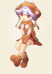 Rule 34 | 1girl, blush, boots, breasts, brown footwear, brown gloves, dobunezumi, gloves, highres, looking at viewer, made in abyss, medium breasts, necktie, open mouth, prushka, purple hair, red eyes, red necktie, short hair, sitting, skirt, smile, solo, white skirt