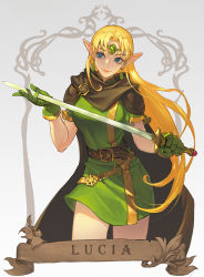 Rule 34 | 1girl, belt, blue eyes, breasts, brooch, cape, character name, circlet, commentary, dungeons &amp; dragons: shadow over mystara, dungeons &amp; dragons, earrings, elf, english commentary, forehead jewel, gloves, green gloves, green tunic, highres, holding, holding sword, holding weapon, jewelry, long hair, long pointy ears, lucia (d&amp;d), medium breasts, morry, multiple belts, pointy ears, short hair, solo, sword, weapon