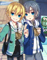 Rule 34 | 1boy, 1girl, bike shorts, black hair, blonde hair, blue eyes, blurry, brother and sister, bubble tea, cup, depth of field, earrings, grin, highres, holding, holding cup, iris (ryou@ryou), jacket, jewelry, kern (ryou@ryou), looking at viewer, open mouth, original, outdoors, ryou@ryou, selfie, short hair, siblings, smile, twitter username, v
