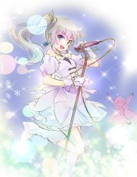 Rule 34 | blue eyes, commentary, earrings, idol, iesupa, jewelry, microphone, microphone stand, music, ruby rose, rwby, scar, singing, solo, sparkle, weiss schnee, white hair
