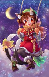 Rule 34 | 1girl, animal ears, boots, brown hair, capelet, cat ears, chen, dress, earrings, fang, hair ornament, hairclip, hat, highres, ibaraki natou, jewelry, moon, pantyhose, petticoat, red dress, red eyes, ribbed sweater, ribbon, scarf, short dress, solo, sweater, swing, tail, tail ornament, tail ribbon, touhou, winter clothes