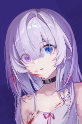 1girl absurdres art_study artist_name black_choker blood blood_in_hair blood_on_clothes blood_on_face blue_eyes camisole choker collarbone dated eyes_visible_through_hair hair_over_one_eye heterochromia highres long_hair looking_at_viewer original parted_lips pink_ribbon purple_background purple_eyes purple_hair ribbon scared simple_background solo upper_body white_camisole wide-eyed wumimiao