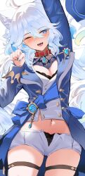 Rule 34 | 1girl, ahoge, animal ears, arm up, ascot, black bra, black panties, blue ascot, blue eyes, blue hair, blue jacket, blue nails, blush, bra, breasts, cat ears, cat girl, cat tail, cleavage, collar, commentary, drop-shaped pupils, furina (genshin impact), genshin impact, hand up, highres, jacket, kemonomimi mode, long hair, long sleeves, looking at viewer, medium breasts, multicolored hair, navel, one eye closed, open clothes, open jacket, open mouth, panties, paw pose, red collar, shiben (ugvu5784), short shorts, shorts, solo, symbol-only commentary, symbol-shaped pupils, tail, thigh strap, underwear, vision (genshin impact), white hair, white shorts