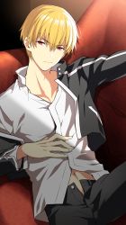 Rule 34 | 1boy, 92 (artist), black jacket, black pants, blonde hair, closed mouth, couch, fate/grand order, fate/stay night, fate (series), gilgamesh (fate), hair between eyes, highres, jacket, long sleeves, looking at viewer, male focus, navel, off shoulder, official alternate costume, pants, reclining, red eyes, shirt, solo, white shirt