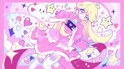 1girl blonde_hair blue_eyes breasts crown dress earrings elbow_gloves gloves heart highres jewelry long_hair looking_at_viewer mario_(series) meowwniz nintendo nintendo_switch pink_dress princess_peach smile solo sphere_earrings super_star_(mario) white_gloves