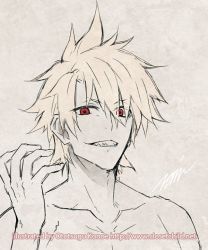 Rule 34 | 1boy, artist name, blonde hair, dark persona, fate/grand order, fate/prototype, fate/prototype: fragments of blue and silver, fate (series), jekyll and hyde (fate), konoe ototsugu, looking at viewer, male focus, monochrome, red eyes, sharp teeth, topless male, signature, solo, spot color, teeth, text focus, watermark, web address