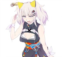Rule 34 | 1girl, arm at side, bare shoulders, black dress, blue eyes, breasts, breath, can, cleavage, cleavage cutout, clothing cutout, color connection, dress, eyebrows, eyelashes, hair ornament, hairclip, higata akatsuki, kaguya luna, large breasts, long hair, motion lines, multicolored eyes, obi, open mouth, palms, pink eyes, ribbon, sash, short dress, sidelocks, silver hair, simple background, sleeveless, sleeveless dress, solo, striped ribbon, teeth, the moon studio, throwing, tongue, tongue out, tsurime, turtleneck, twintails, vertical stripes, virtual youtuber, white background, white ribbon, wrist ribbon, wristband, x hair ornament