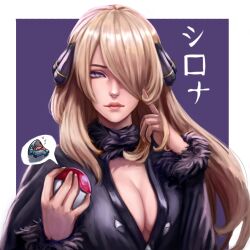 Rule 34 | 1girl, absurdres, black coat, blonde hair, breasts, cleavage, closed mouth, coat, creatures (company), cynthia (pokemon), fangs, fur-trimmed coat, fur-trimmed sleeves, fur collar, fur trim, game freak, gen 4 pokemon, gible, grey eyes, hair ornament, hair over one eye, highres, holding, holding poke ball, large breasts, long hair, long sleeves, looking at viewer, mikey pie, nintendo, open mouth, poke ball, poke ball (basic), pokemon, pokemon (creature), pokemon dppt, sharp teeth, simple background, teeth, tongue