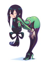 Rule 34 | 1girl, ass, asui tsuyu, belt, black eyes, black hair, bodysuit, boku no hero academia, boots, breasts, cleavage, female focus, frog girl, full body, gloves, high heel boots, high heels, leaning forward, liyart, long hair, long tongue, looking at viewer, medium breasts, monster girl, one eye closed, skin tight, smile, solo, standing, thigh boots, thighhighs, tongue, tongue out, wink