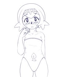 Rule 34 | 1girl, artist name, bare shoulders, blush, clenched hand, clothing cutout, collarbone, creatures (company), game freak, gluteal fold, greyscale, hairband, highres, lana (pokemon), looking at viewer, monochrome, navel, navel cutout, nintendo, one-piece swimsuit, open mouth, pokemon, pokemon sm, rf (4chan), short hair, sketch, solo, standing, sweatdrop, swimsuit, transparent background, trial captain