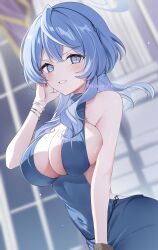 Rule 34 | 1girl, absurdres, ako (blue archive), ako (dress) (blue archive), blue archive, blue eyes, blue hair, blush, breasts, halo, highres, looking at viewer, mizupuruta, official alternate costume, sideboob, sideless dress, sideless outfit, sideless shirt, solo