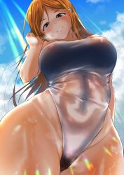 Rule 34 | 1girl, absurdres, adjusting hair, alternate costume, black eyes, bleach, blue sky, breasts, cloud, commentary request, competition swimsuit, covered erect nipples, covered navel, cronose sama, curvy, day, female pubic hair, hair ornament, hairpin, hand up, head tilt, highleg, highleg swimsuit, highres, inoue orihime, large breasts, looking at viewer, one-piece swimsuit, parted bangs, parted lips, plump, pubic hair, see-through, see-through one-piece swimsuit, sky, smile, sunlight, swimsuit, thighs, wet, white one-piece swimsuit