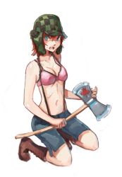 Rule 34 | 1girl, axe, blue eyes, boots, bra, double bladed axe, earflap hat, fictional persona, frown, fur hat, hat, kneeling, leaf, lingerie, navel, no shirt, on one knee, open mouth, pants, pink bra, red hair, short hair, softmode, solo, suspenders, underwear, ushanka, weapon