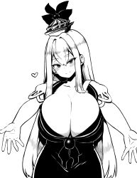 Rule 34 | 1girl, absurdres, blush, breasts, cleavage, closed mouth, commentary request, dress, hair intakes, hat, heart, high contrast, highres, himajin noizu, huge breasts, kamishirasawa keine, long hair, looking at viewer, monochrome, outstretched arms, reaching, reaching towards viewer, simple background, smile, solo, touhou