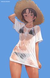 Rule 34 | 1girl, arm up, bikini, bikini under clothes, black bikini, blush, breasts, brown hair, closed mouth, hand on headwear, hat, highres, looking at viewer, mochi (mochi444420), original, see-through, see-through shirt, shirt, short hair, short sleeves, simple background, small breasts, solo, straw hat, swimsuit, tan, twitter username, wet, wet clothes, wet shirt, white shirt
