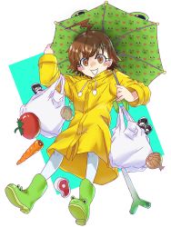 Rule 34 | 1girl, absurdres, aqua background, avocado, bag, blush stickers, boots, brown eyes, brown hair, can, canned coffee, carrot, child, drink can, ebora, full body, gekota, green footwear, green umbrella, heart, highres, holding, holding bag, holding umbrella, last order (toaru majutsu no index), long sleeves, looking at viewer, onion, open mouth, pantyhose, plastic bag, raw meat, rubber boots, short hair, simple background, solo, spring onion, toaru kagaku no railgun, toaru majutsu no index, tomato, umbrella, v-shaped eyebrows, white background, white bag, white pantyhose, yellow raincoat