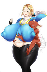 Rule 34 | 1boy, 1girl, absurdres, black gloves, black leggings, blonde hair, blue shirt, bokoblin, breasts, cameltoe, cleft of venus, covered erect nipples, cowboy shot, fingerless gloves, gloves, green eyes, groping, half-closed eyes, highres, huge breasts, impossible clothes, leggings, long sleeves, mee don, nintendo, open mouth, pointy ears, princess zelda, shirt, short hair, simple background, size difference, smile, standing, stomach, the legend of zelda, the legend of zelda: tears of the kingdom, thick thighs, thighs, white background, wide hips