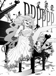 Rule 34 | 1girl, barefoot, bow, breasts, cleavage, clothes lift, copyright name, dress, dress lift, fairy, greyscale, hair bow, half-closed eyes, instrument, kyokucho (datubenpi), long hair, looking at viewer, messy hair, monochrome, otogami mimin, piano, pppppp, sitting, smile, solo focus, stool, wings, yamanaka meloli