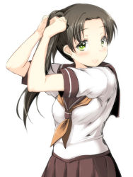 Rule 34 | 10s, 1girl, ayanami (kancolle), brown hair, gin&#039;ichi (akacia), green eyes, highres, kantai collection, long hair, looking at viewer, pleated skirt, school uniform, serafuku, side ponytail, simple background, sketch, skirt, smile, solo, white background