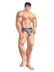 Rule 34 | 1boy, abs, bara, black hair, bulge, erection, erection under clothes, grey male underwear, highres, large pectorals, male focus, male underwear, muscular, muscular male, navel, nipples, official alternate costume, oji-mama (skskdan), pectorals, short hair, simple background, solo, souichi hoshiura, thick thighs, thighs, ttn (239 239), underwear, white background