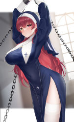 Rule 34 | 1girl, abab xiaxia, absurdres, alternate costume, arms up, breasts, chain, closed mouth, commentary request, covered navel, cross, cross necklace, heterochromia, highres, hololive, houshou marine, houshou marine (nun), jewelry, large breasts, long hair, long sleeves, looking at viewer, necklace, nun, red eyes, red hair, restrained, solo, standing, thighhighs, thighs, virtual youtuber, white thighhighs, yellow eyes