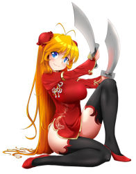 Rule 34 | 1girl, antenna hair, blue eyes, breasts, china dress, chinese clothes, daibouken! yukeyuke osawari island, dao (weapon), double bun, dress, from side, full body, gold trim, hair bun, high heels, impossible clothes, kneeling, large breasts, long hair, looking at viewer, orange hair, scimitar, shiina excel, short dress, side slit, simple background, smile, solo, sword, thighhighs, thighs, very long hair, weapon, white background