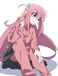 Rule 34 | 1girl, absurdres, blue eyes, bocchi the rock!, closed mouth, cube hair ornament, gotoh hitori, grey skirt, hair ornament, highres, jacket, long hair, looking to the side, oekakiism, one side up, pink hair, pink jacket, pink track suit, playing with own hair, pleated skirt, simple background, sitting, skirt, solo, track suit, white background, worried
