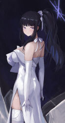 Rule 34 | 1girl, ass, black hair, blue archive, blue eyes, blue halo, blush, breasts, closed mouth, cowboy shot, dress, elbow gloves, gloves, halo, highres, jianjia, large breasts, long hair, looking at viewer, official alternate costume, ponytail, saori (blue archive), saori (dress) (blue archive), solo, strapless, strapless dress, thighhighs, white dress, white gloves, white thighhighs