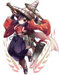 Rule 34 | 1girl, brown eyes, closed mouth, full body, hat, highres, holding, holding weapon, japanese clothes, karukan (monjya), looking at viewer, purple hair, sakuna-hime, short hair, silver hair, smile, solo, tensui no sakuna-hime, weapon, white background, white hat, wide sleeves