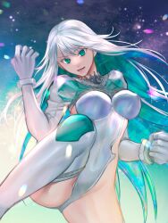 Rule 34 | 1girl, absurdres, bodysuit, breasts, clenched hand, colored inner hair, covered erect nipples, covered navel, fate/grand order, fate (series), green eyes, green hair, grey hair, highleg, highres, kukulkan (fate), large breasts, leg up, long hair, medium breasts, multicolored hair, ri-ko, white bodysuit