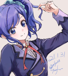 Rule 34 | 1girl, aikatsu!, aikatsu! (series), arm up, blue eyes, blue hair, blue jacket, blue scrunchie, closed mouth, commentary request, dated, grey background, gurifu, hair ornament, hair scrunchie, highres, jacket, kiriya aoi, long sleeves, looking at viewer, school uniform, scrunchie, shirt, side ponytail, signature, simple background, smile, solo, twitter username, upper body, white shirt
