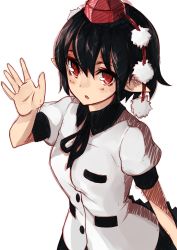 Rule 34 | 1girl, bad id, bad twitter id, black hair, black ribbon, dress shirt, hat, highres, looking at viewer, neck ribbon, nuqura, parted lips, pointy ears, pom pom (clothes), puffy short sleeves, puffy sleeves, red eyes, ribbon, shameimaru aya, shirt, short hair, short sleeves, solo, tokin hat, touhou, upper body, white background, white shirt