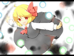 Rule 34 | &gt;:d, 1girl, :d, bad id, bad pixiv id, blonde hair, blouse, danmaku, darkness, ellipsis (mitei), hair ribbon, highres, letterboxed, open mouth, outstretched arms, red eyes, ribbon, rumia, shirt, short hair, skirt, smile, spread arms, touhou, v-shaped eyebrows, vest