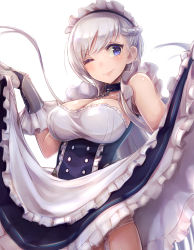 Rule 34 | 1girl, ;), apron, arm guards, azur lane, bare shoulders, belfast (azur lane), black skirt, blush, braid, breasts, chain, cleavage, clothes lift, collar, cowboy shot, elbow gloves, french braid, frilled apron, frilled gloves, frilled skirt, frills, garter straps, gloves, high-waist skirt, highres, large breasts, lifted by self, lips, long hair, looking at viewer, maid, maid headdress, mappaninatta, one eye closed, panties, panty peek, purple eyes, revision, silver hair, simple background, skirt, skirt lift, sleeveless, smile, solo, standing, swept bangs, underwear, waist apron, white background, white gloves, white panties