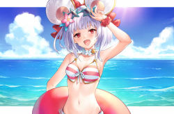 Rule 34 | 1girl, :d, animal ears, arm up, armpits, bare shoulders, bikini, blue-framed eyewear, blush, bow, breasts, cleavage, collarbone, day, eyewear on head, flower, front-tie bikini top, front-tie top, granblue fantasy, hair bow, hair flower, hair ornament, horizon, innertube, looking at viewer, mouse ears, navel, ocean, open mouth, pink flower, red bow, red eyes, red scrunchie, scrunchie, shiao, silver hair, small breasts, smile, solo, star-shaped eyewear, star (symbol), string bikini, striped bikini, striped clothes, sunglasses, sweat, swim ring, swimsuit, upper body, vikala (blooming summer wallflower) (granblue fantasy), vikala (granblue fantasy), water, wrist scrunchie