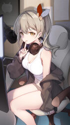 Rule 34 | 1girl, bare legs, bare shoulders, bison cangshu, black jacket, breasts, brown shorts, chair, cleavage, computer, crop top, feet out of frame, finger to mouth, gaming chair, grey hair, hair ribbon, hand up, headphones, headphones around neck, highres, index finger raised, jacket, long hair, long sleeves, looking at viewer, medium breasts, micro shorts, midriff, navel, off shoulder, open clothes, open jacket, open mouth, original, ponytail, ribbon, shirt, shorts, shushing, sitting, sleeveless, sleeveless shirt, solo, stomach, swivel chair, tank top, thighs, v-shaped eyebrows, white shirt, yellow eyes