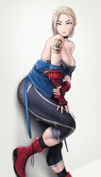 Rule 34 | 1girl, absurdres, ankle boots, arm tattoo, black pants, blonde hair, blue eyes, blue jacket, boots, breasts, cammy white, choker, cleavage, cross-laced footwear, dismaiden, highres, jacket, lace-up boots, large breasts, pants, red footwear, scar, scar on face, short hair, socks, solo, street fighter, street fighter 6, tattoo, zangief