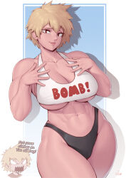 Rule 34 | 1boy, 1girl, abs, absurdres, bakugou katsuki, bakugou mitsuki, bare arms, bare shoulders, black panties, blonde hair, boku no hero academia, breasts, chibi, cleavage, clothes writing, collarbone, crop top, curvy, english text, furrowed brow, hair between eyes, hands on own chest, highres, large breasts, looking at viewer, mature female, mother and son, muscular, muscular female, navel, panties, red eyes, shiny skin, short hair, signature, smile, solo focus, speedl00ver, spiked hair, tank top, thick thighs, thighs, thong, underboob, underwear, white tank top, wide hips